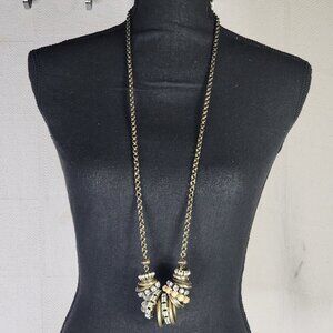 Chico's Mixed Metal Brass Rhinestone Wood Stacking Ring Bead 39" Rolo Necklace